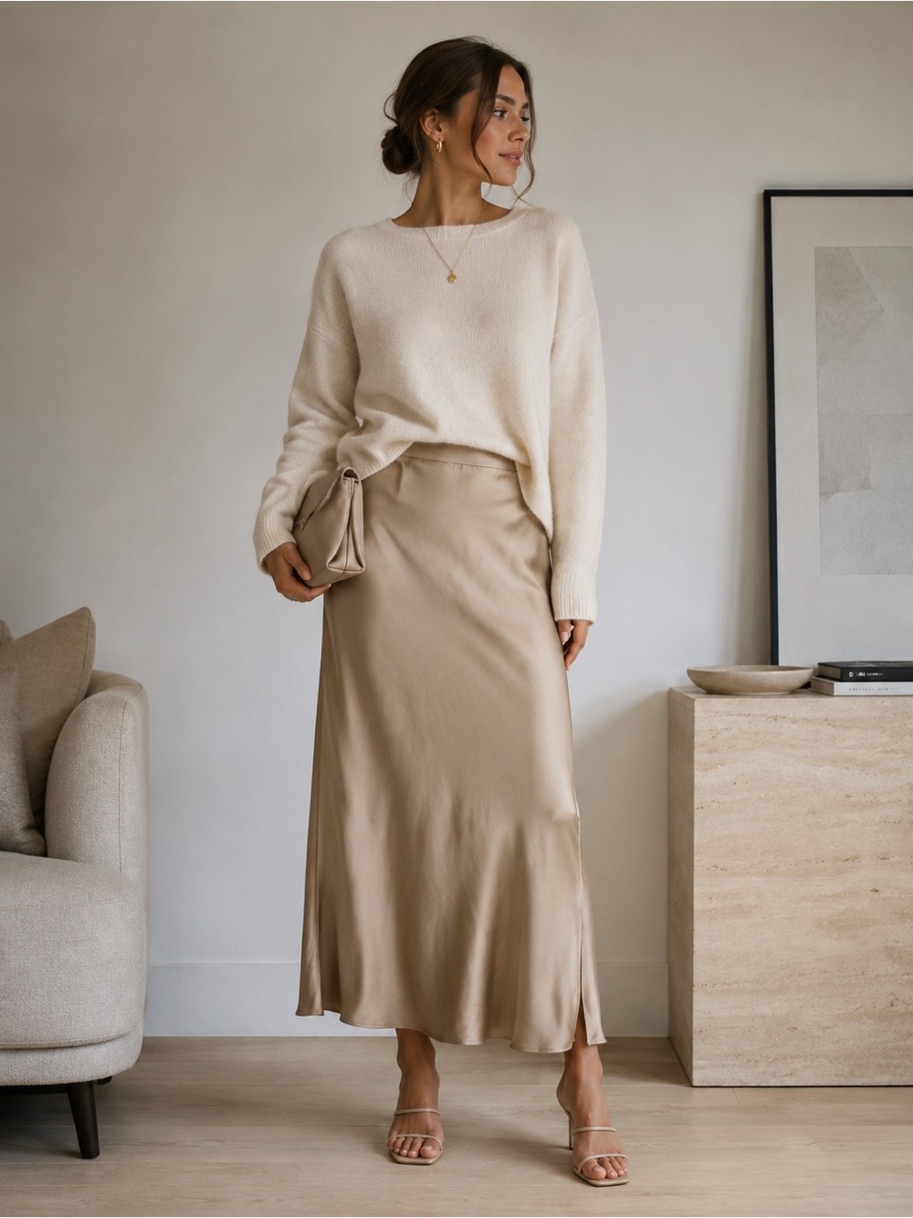 Old Navy Champagne Satin Midi Maxi Slip Skirt M Elevated Basic Neutral Chic